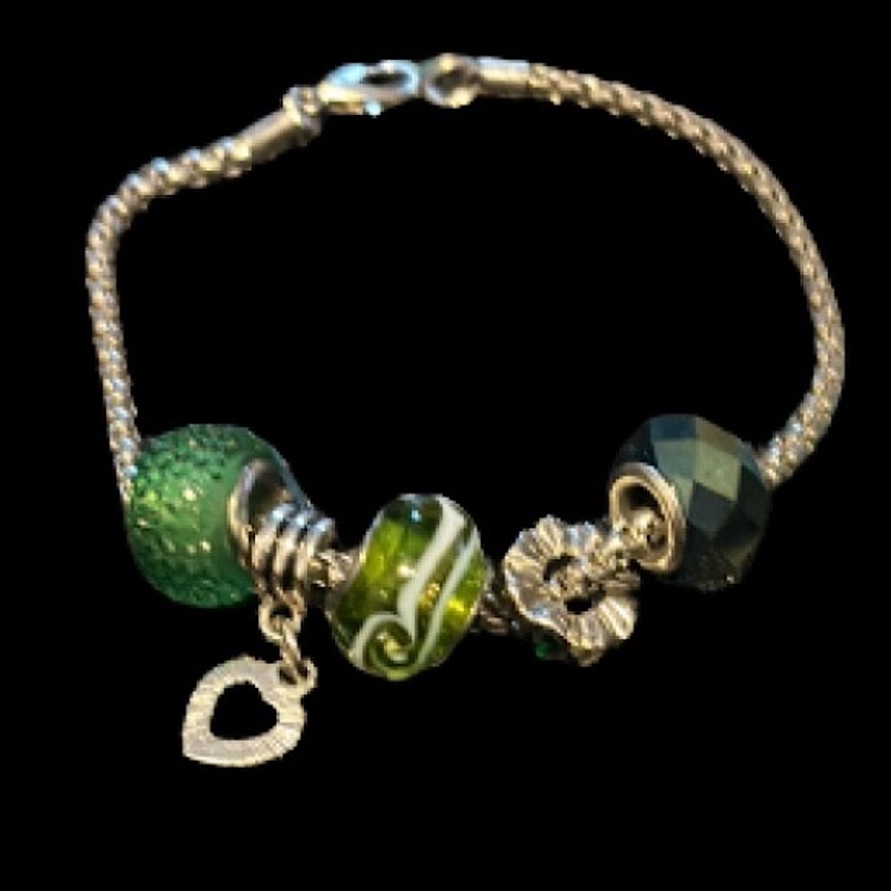 Fenton Glass European Charm Beads Silver & Green Bracelet